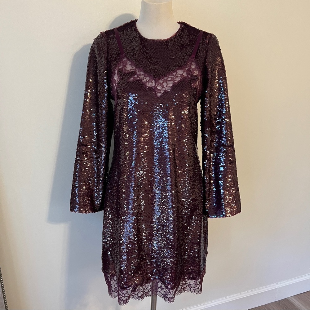 Simkhai Mako Sequin Long Sleeve Mini Dress Mangosteen Size 8 burgundy medium